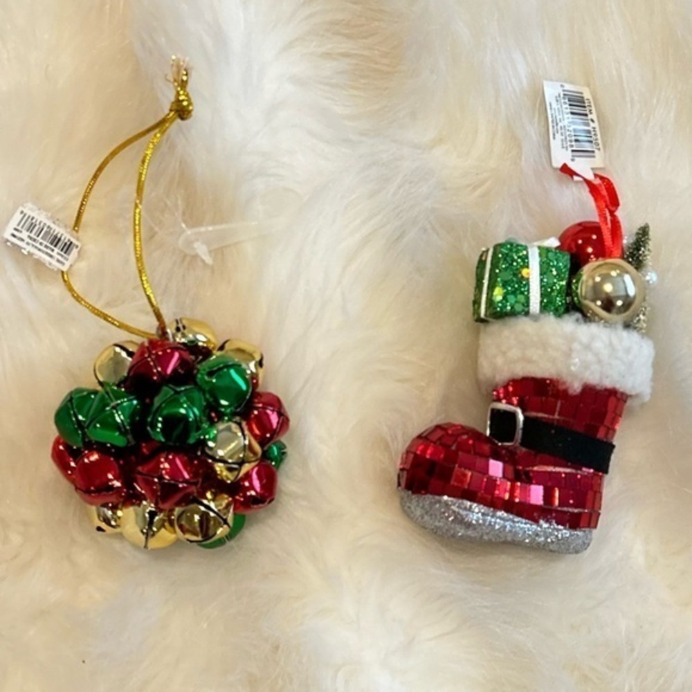 Stocking and jingle bell Christmas ornaments